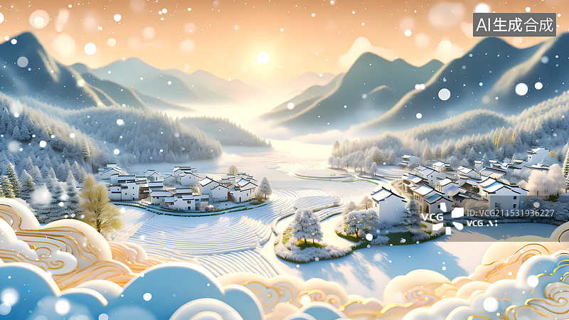 【AI数字艺术】冬天乡村田园三维插画图片素材