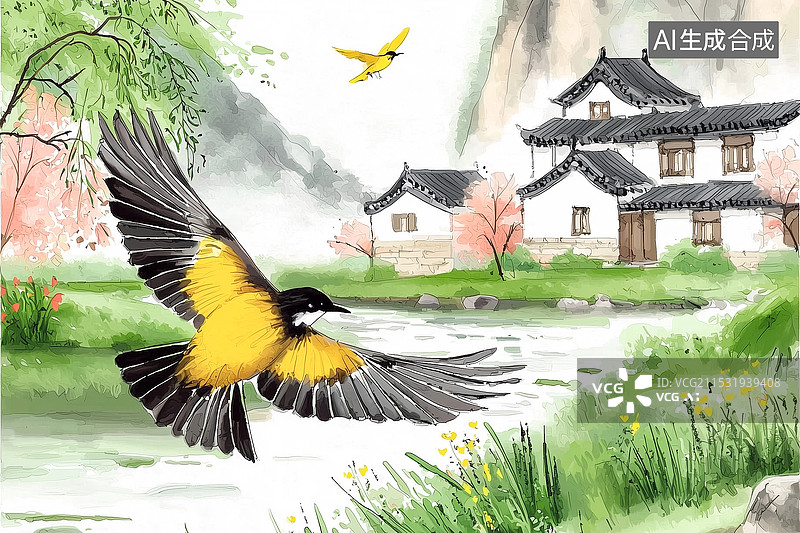 【AI数字艺术】中华成语典故草长莺飞插图图片素材