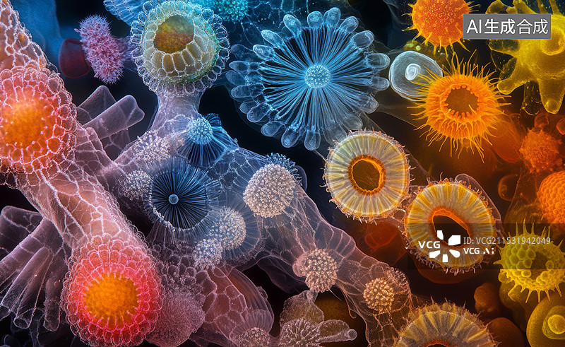【AI数字艺术】一群色彩斑斓的浮游生物，在显微镜下呈现出迷人的图案和细节图片素材