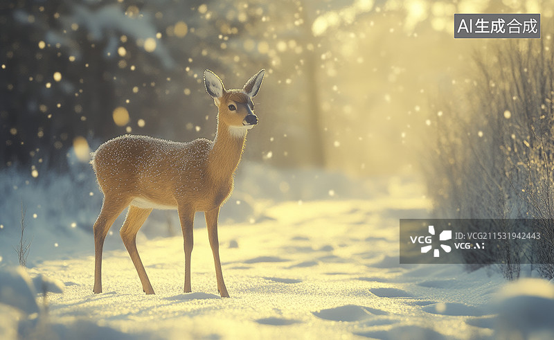 【AI数字艺术】一只雄伟的鹿站在雪地里，背景是被阳光照射的树木和草地。雪花在空中飞舞，整个场景充满了冬日的宁静与美丽图片素材