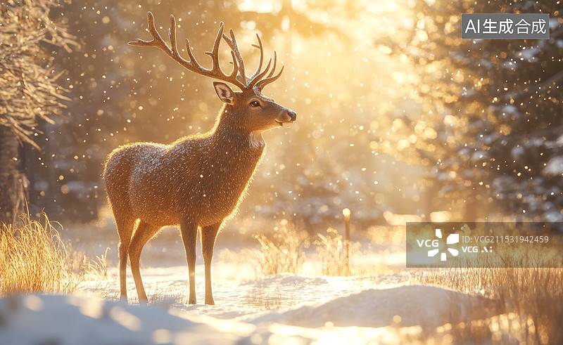 【AI数字艺术】一只雄伟的鹿站在雪地里，背景是被阳光照射的树木和草地。雪花在空中飞舞，整个场景充满了冬日的宁静与美丽图片素材