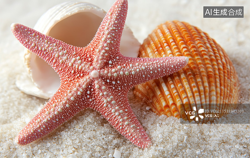 【AI数字艺术】一只粉红色的海星和两个贝壳，它们被放置在一堆沙子上。背景是纯白色的。图片素材