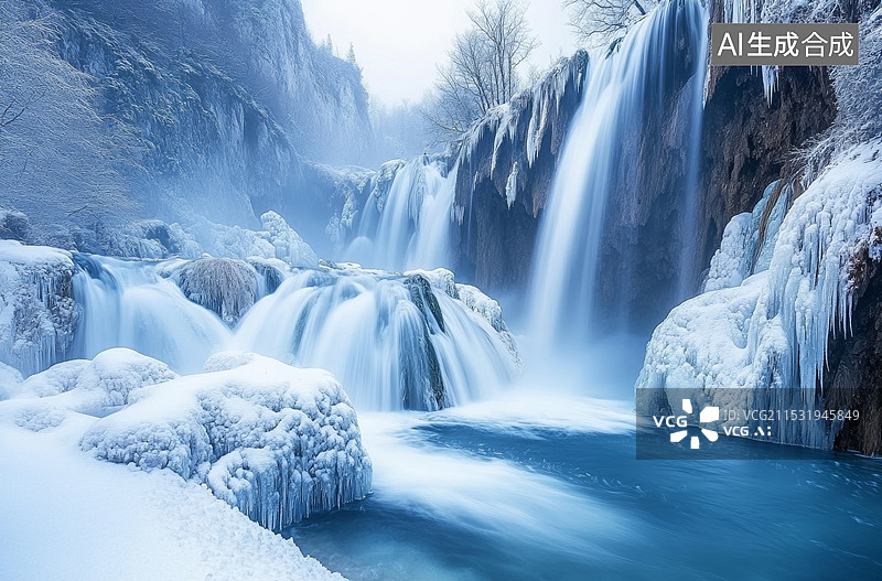 【AI数字艺术】一个宁静的冬季湖泊景色。湖面平静如镜，反射出周围的雪景和树木。远处的山峦被厚厚的积雪覆盖图片素材