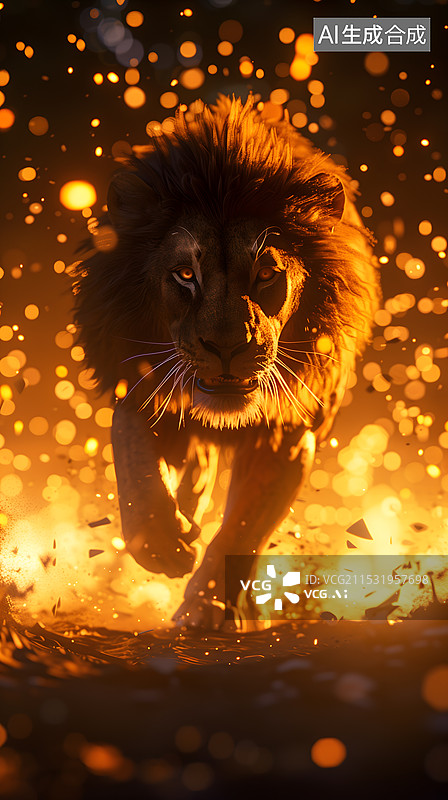 【AI数字艺术】3D渲染威风的烈火雄狮 竖版图片素材