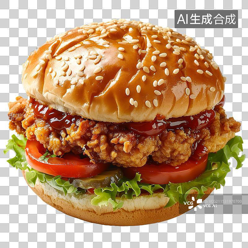 【AI数字艺术】免抠|一个美味的脆皮鸡肉汉堡，配新鲜蔬菜图片素材