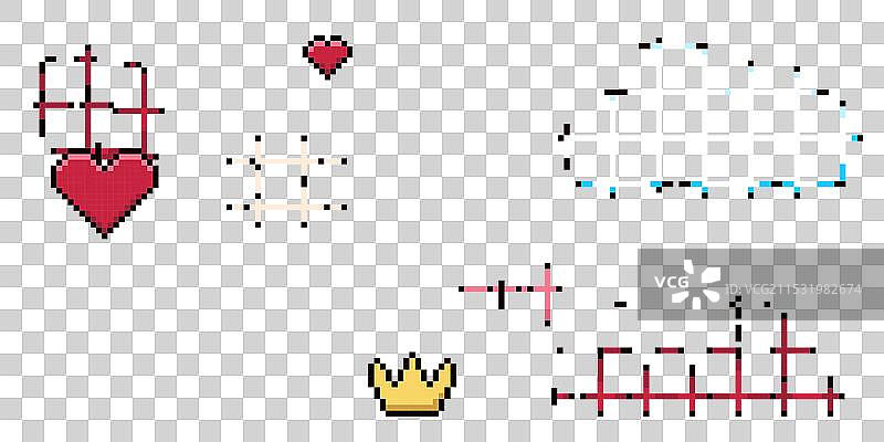 像素艺术对话框的心形、星星和云朵组合图片素材