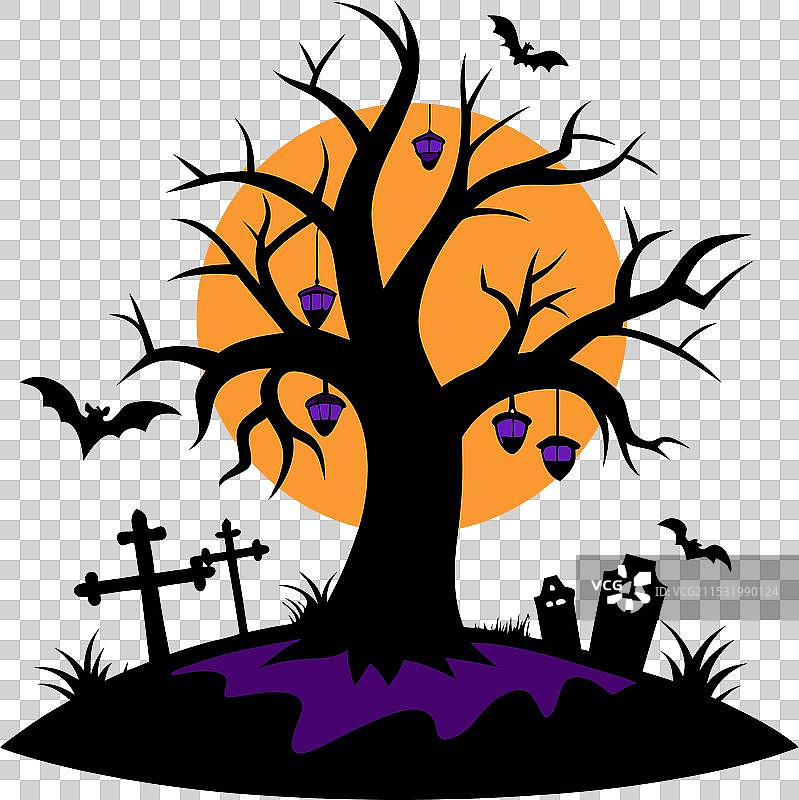 墓地里的万圣节树与蝙蝠图片素材