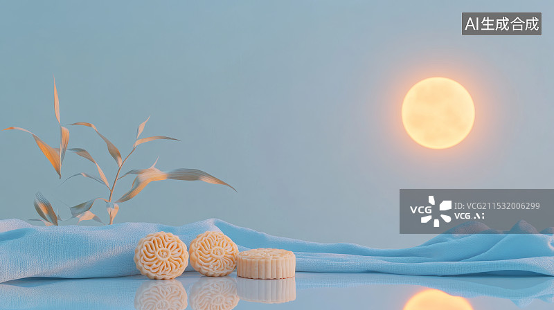 【AI数字艺术】蓝色墙壁上的月饼和月亮图片素材