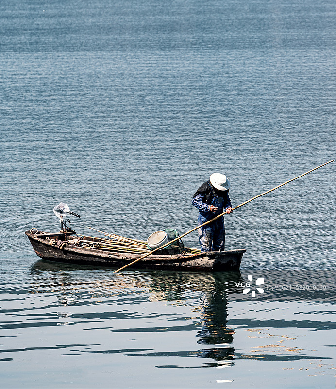 浙江宁波东钱湖渔夫在湖中撒网的后视图图片素材