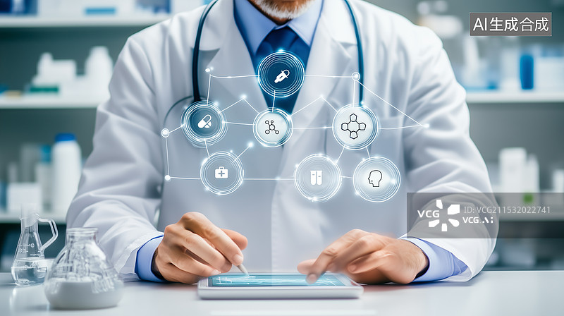 【AI数字艺术】一位医生科学家正在使用一种高科技设备图片素材