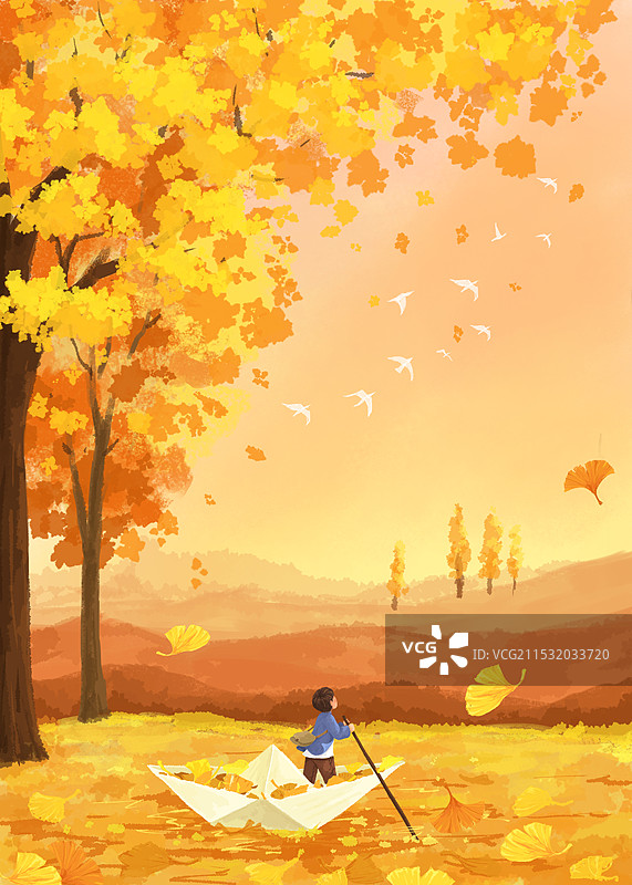 创意秋天儿童纸船插画图片素材