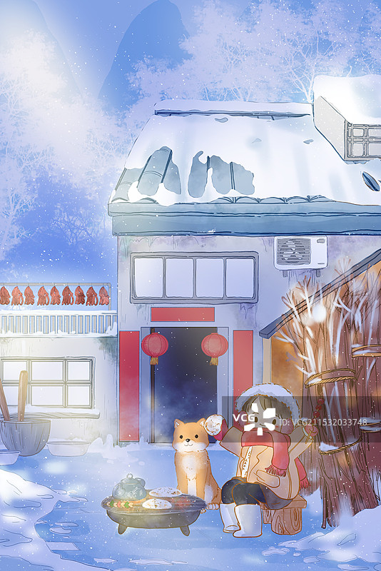 大寒24节气农家小院烤糍粑围炉煮茶治愈系童年回忆卡通手绘插画图片素材