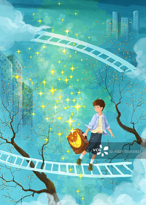 创意儿童手提箱月亮星星插画图片素材