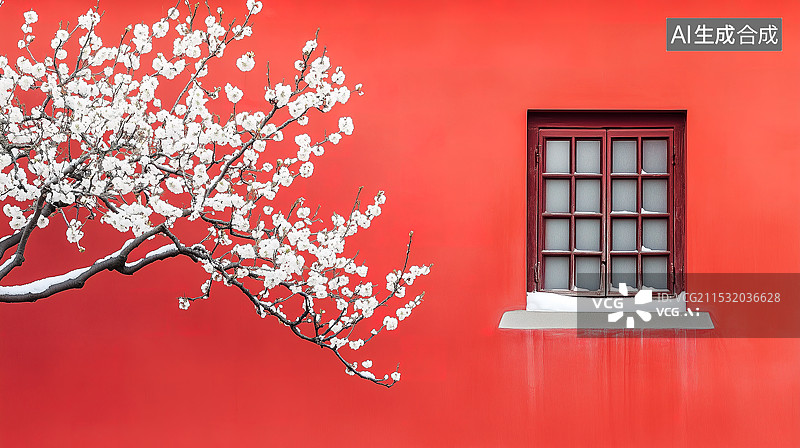 【AI数字艺术】冬日红墙外的窗与花图片素材