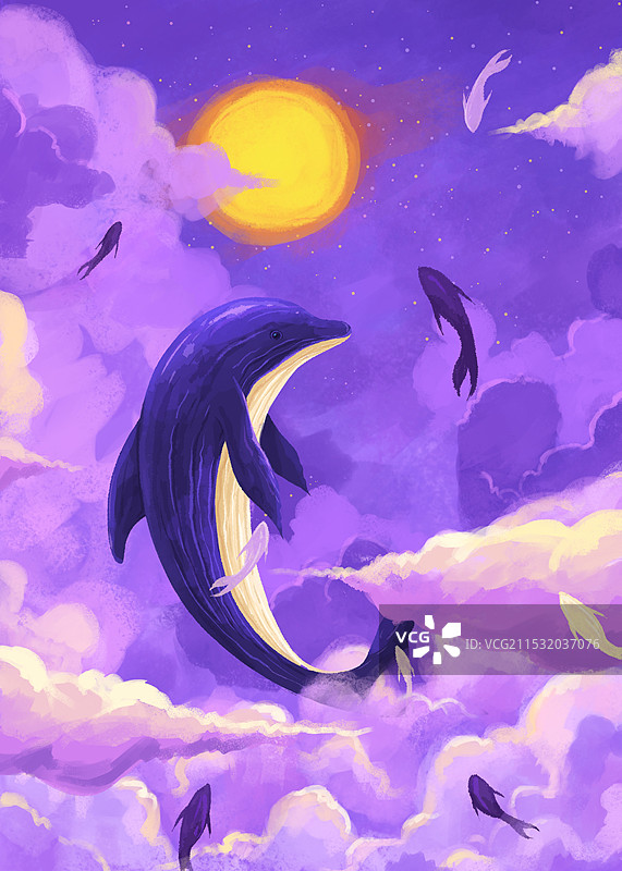 创意太阳云层海豚鱼图片素材
