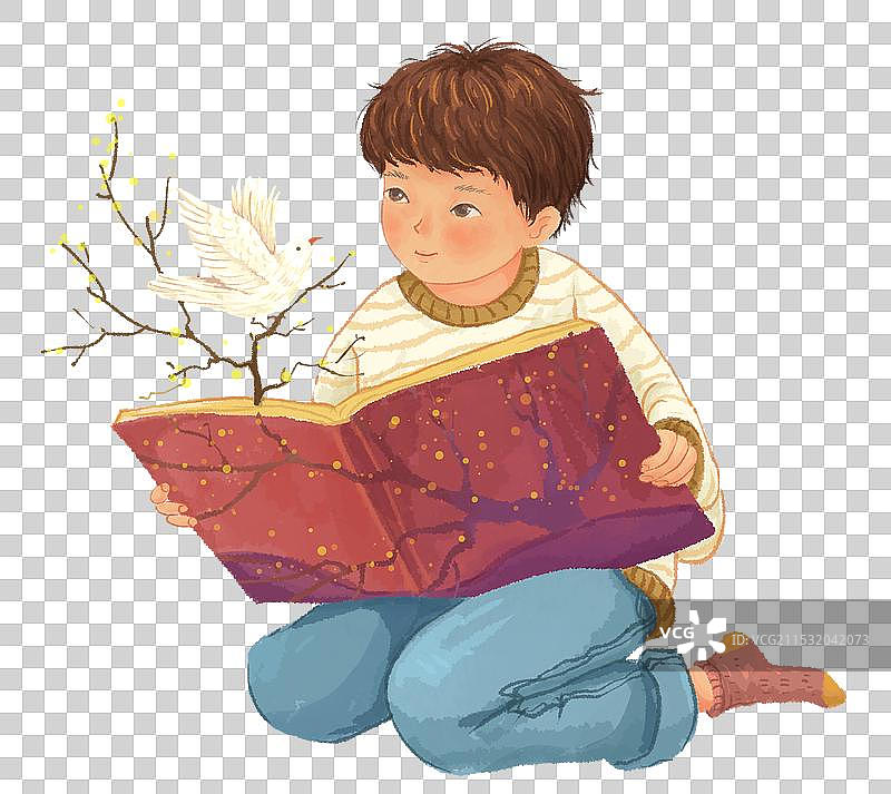 读书的儿童和鸟图片素材