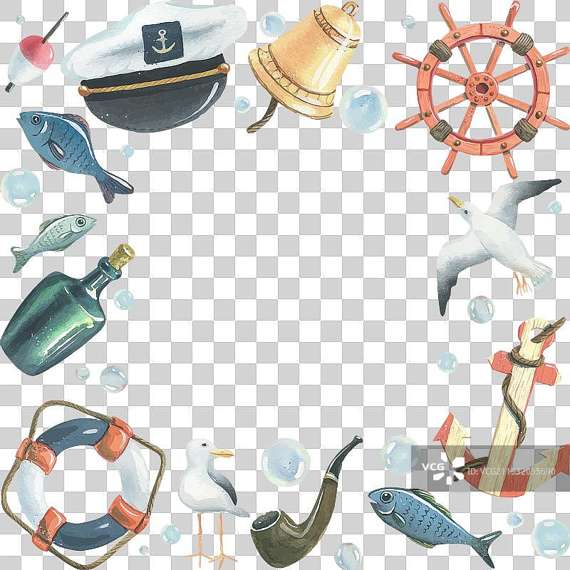 船舶方向盘、救生圈、海鸥、船长帽图片素材