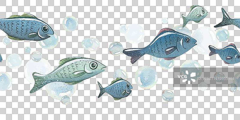 蓝色水泡，大小不一，里面有鱼。图片素材