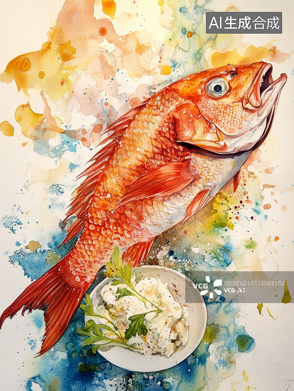 【AI数字艺术】保罗・博居斯风格红鲷鱼：水彩艺术图片素材