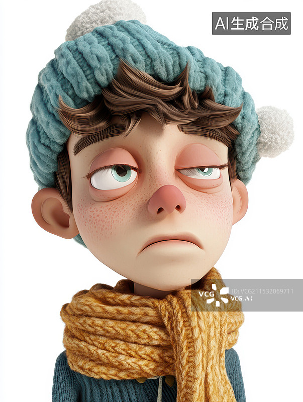 【AI数字艺术】一个生病难受感冒发烧头痛的小男孩图片素材