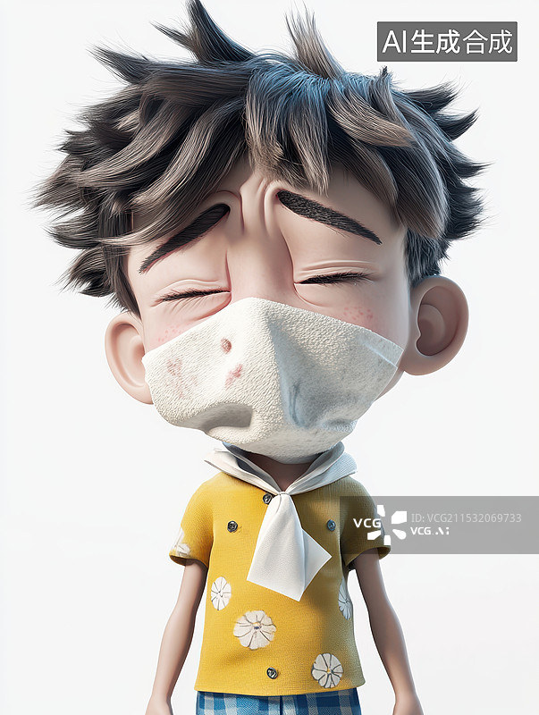 【AI数字艺术】一个生病难受感冒发烧头痛的小男孩图片素材