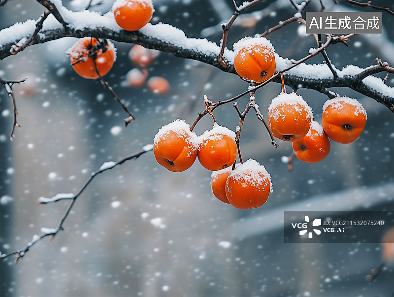 【AI数字艺术】下雪天树枝上红色的柿子图片素材