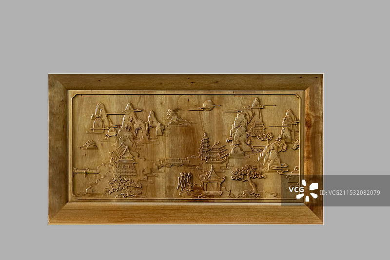 美术工艺，金丝楠木浮雕，中国山水画图片素材