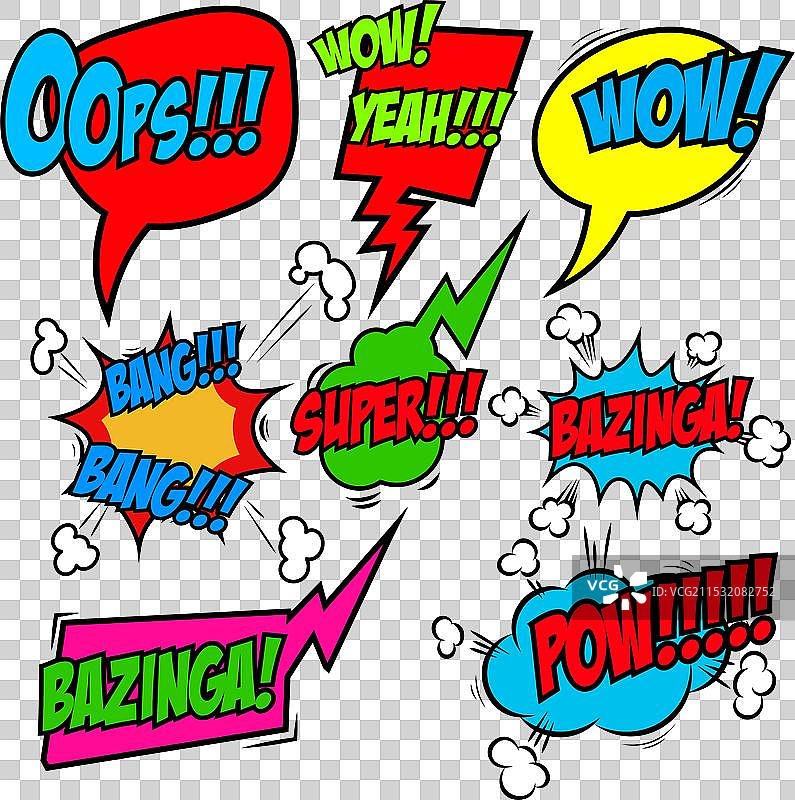 一组漫画风格的流行艺术短语：哇、砰图片素材