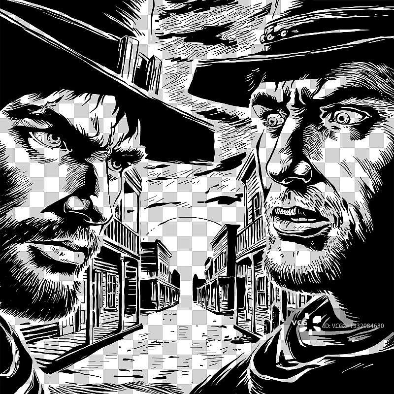 两个牛仔在日落时分对峙，准备战斗。图片素材