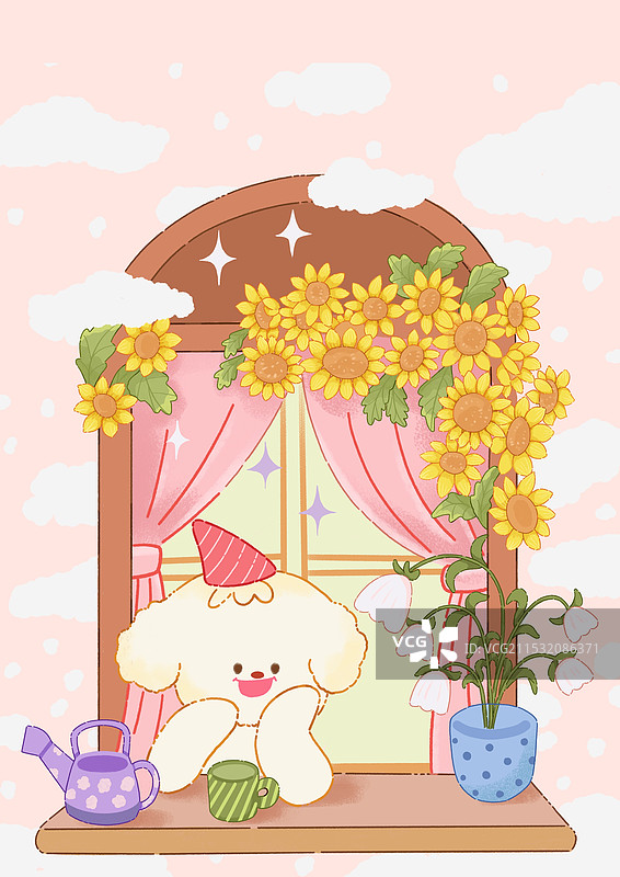春天狗狗窗外看风景 插画 温暖图片素材