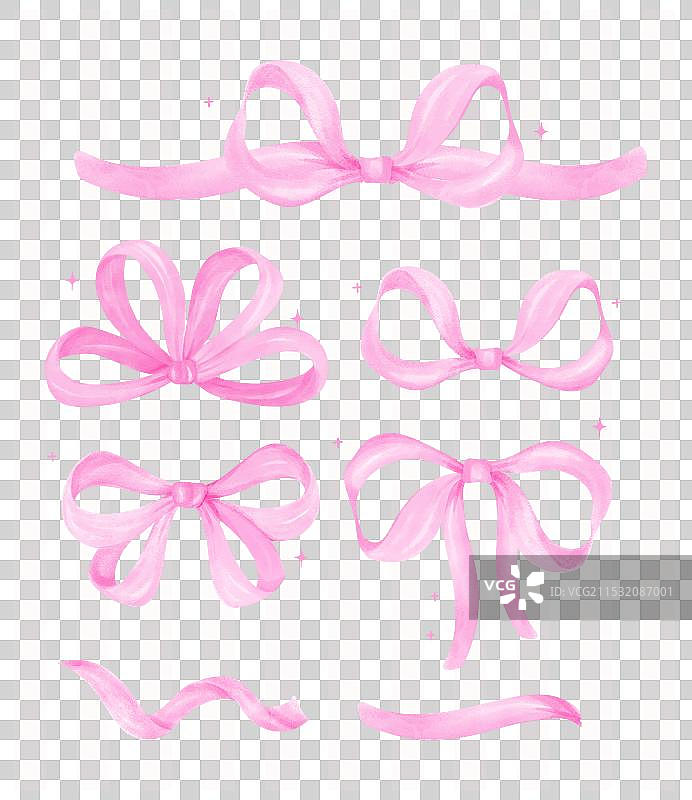 俏皮的粉色丝带蝴蝶结水彩元素套装图片素材