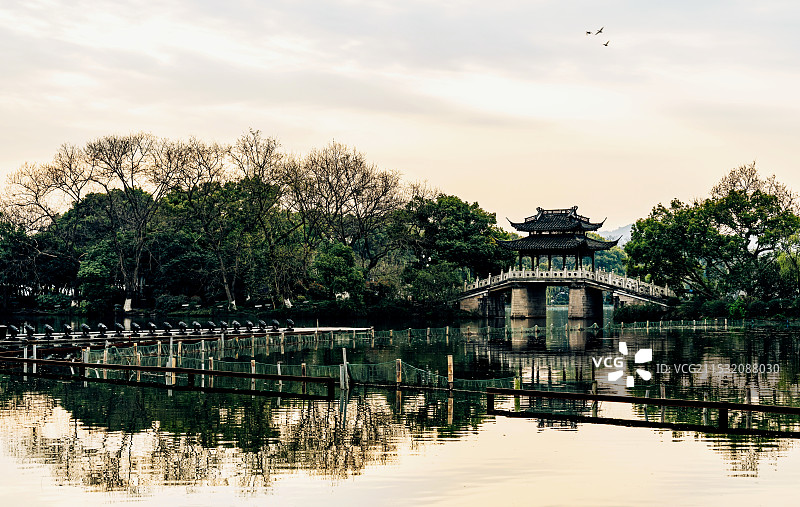 清晨日出中的浙江杭州西湖风景区曲院风荷玉带桥倒影景观图片素材