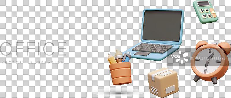 现代办公室的物品和小工具 3D 笔记本电脑图片素材