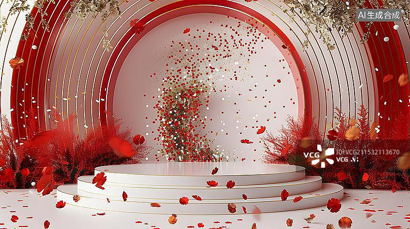 【AI数字艺术】中国风红色婚礼婚庆产品展台背景图片素材