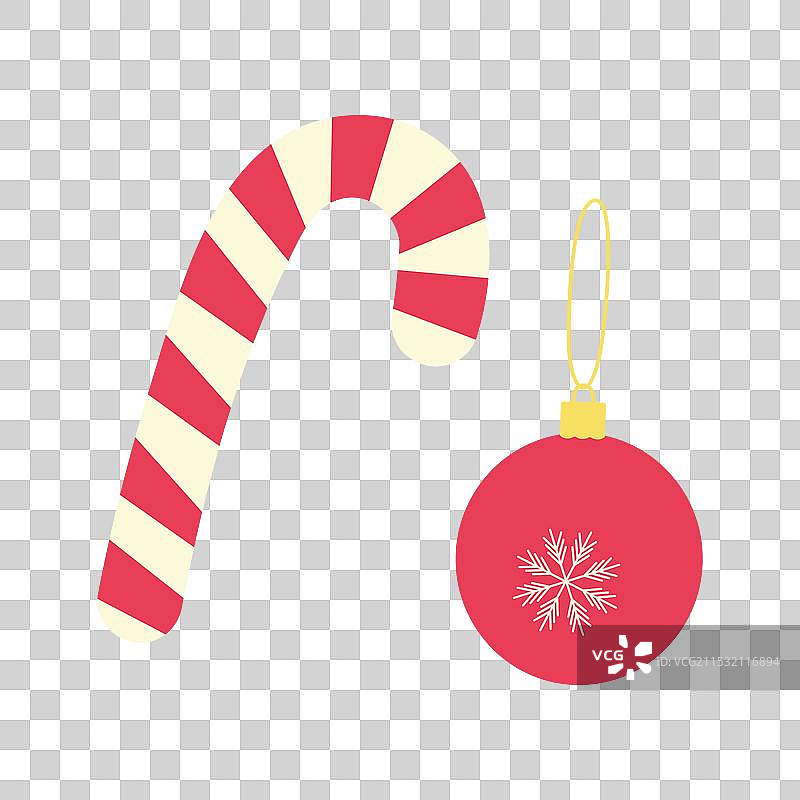 条纹糖果手杖和红色圣诞球在金色背景上图片素材