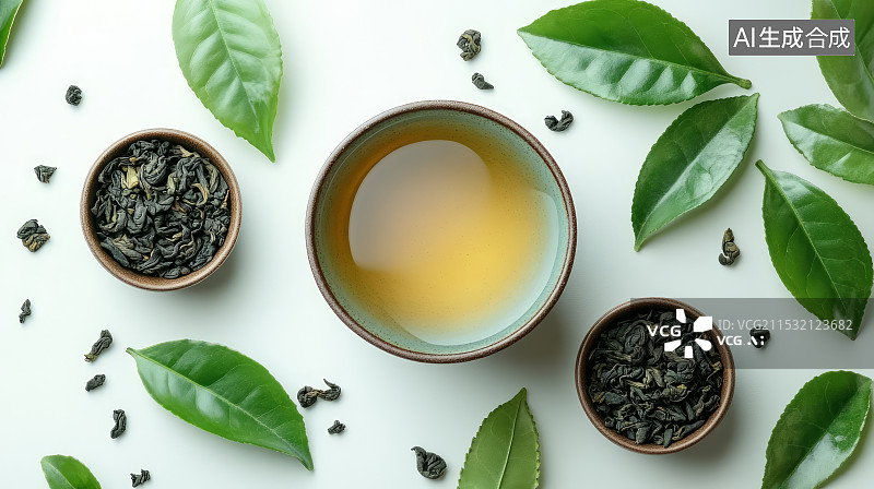 【AI数字艺术】白色背景里的茶叶和茶杯，茶道概念图片素材