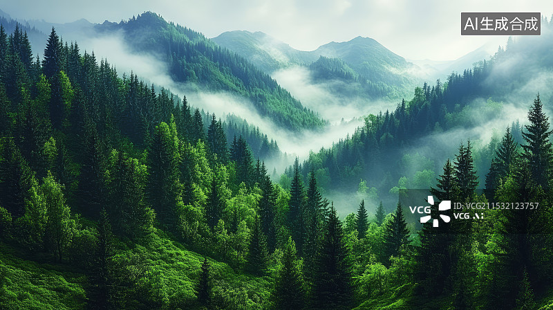 【AI数字艺术】森林松树山间雾气自然景观图片素材