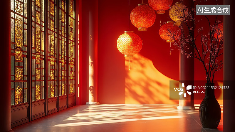 【AI数字艺术】中国风新年红色灯笼中式花窗喜庆背景图片素材