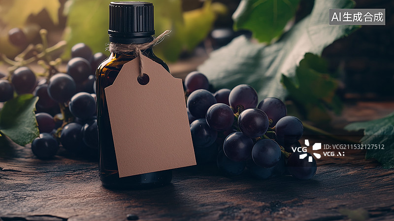 【AI数字艺术】葡萄籽精油瓶配纸质标签置于简洁背景上。用于护肤和健康的天然有机产品，适合芳香疗法、按摩和美容主题。图片素材