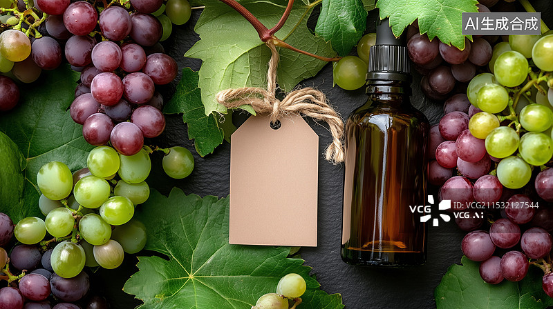 【AI数字艺术】葡萄籽精油瓶配纸质标签置于简洁背景上。用于护肤和健康的天然有机产品，适合芳香疗法、按摩和美容主题。图片素材