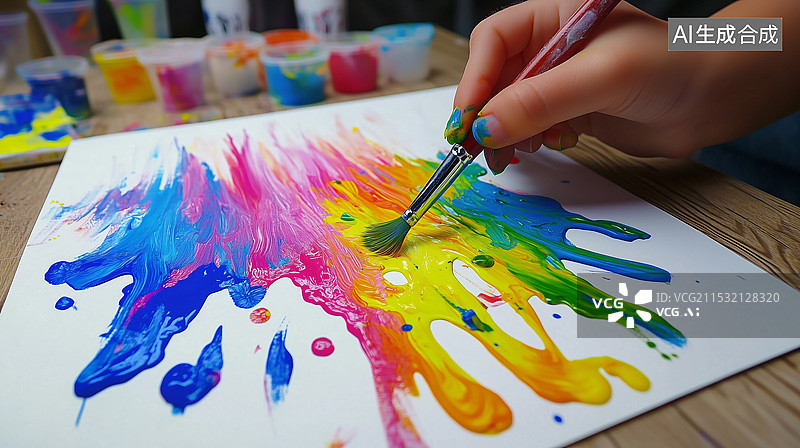 【AI数字艺术】快乐的孩子专注于绘画，用鲜艳的色彩展现创造力和想象力，展现艺术表达与童年成长的美好瞬间。图片素材