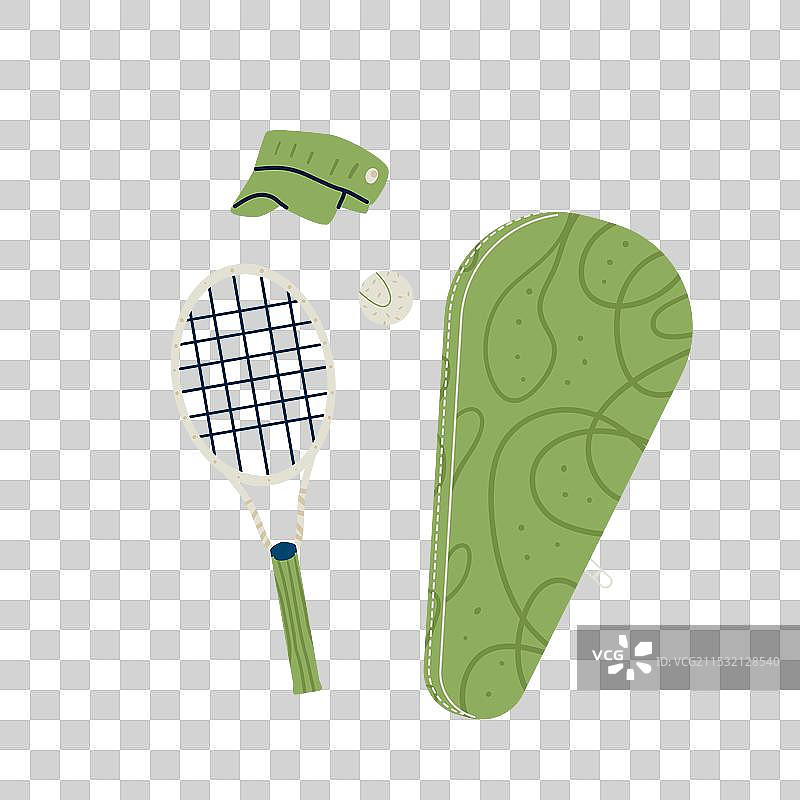 网球装备：平底网球包和网球拍图片素材