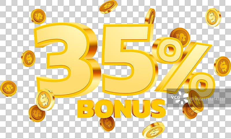 35% 现金返还的掉落金色硬币奖励图片素材