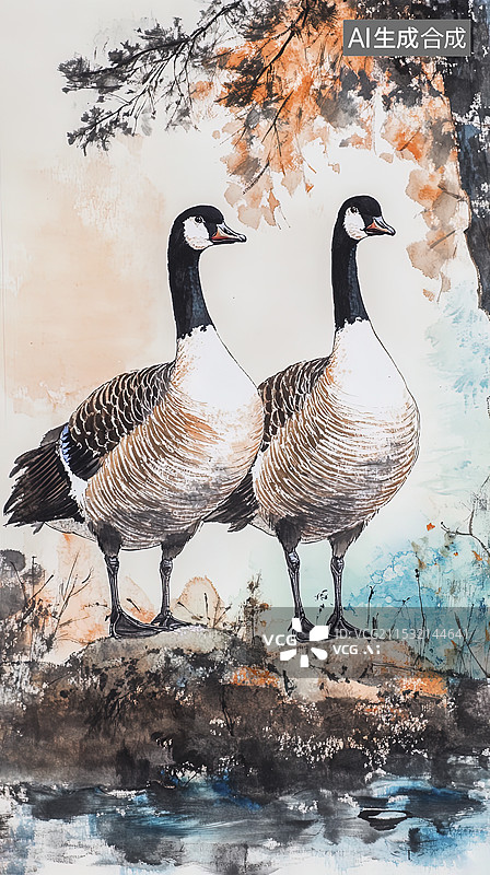 【AI数字艺术】两只野鸭子在湖边栖息的特写镜头图片素材