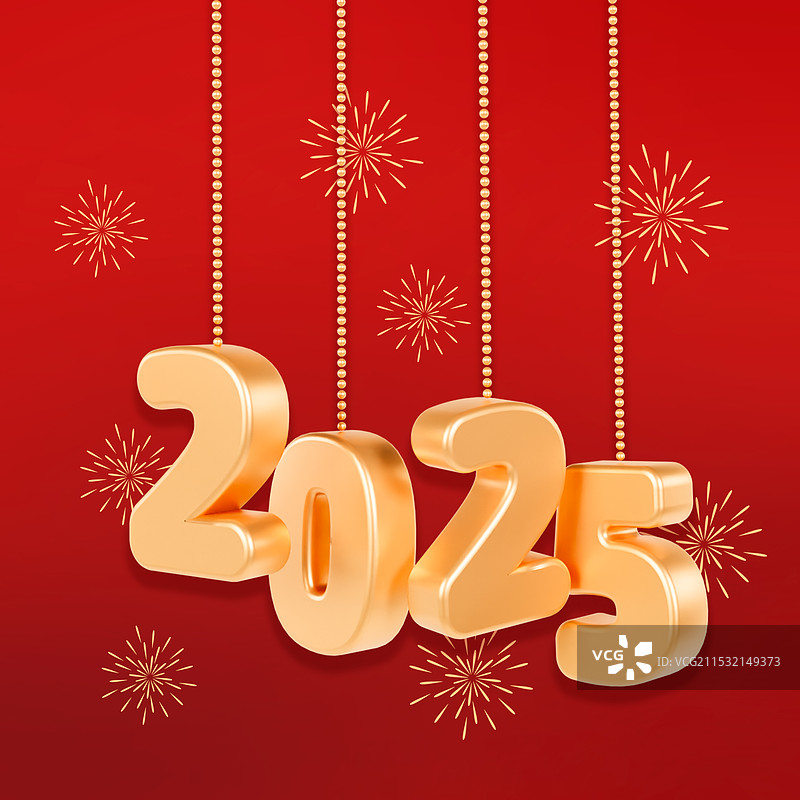 3D立体悬挂的2025年数字新年元旦春节元素2025年插画图片素材