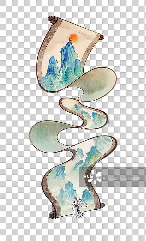 诗人李白望庐山瀑布卷轴读书—国画古风水墨写意工笔国风元素图片素材