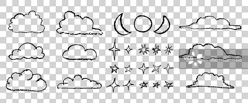 一组用蜡笔手绘的云朵和星星图片素材