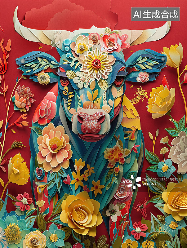 【AI数字艺术】新年牛剪纸风场景图片素材