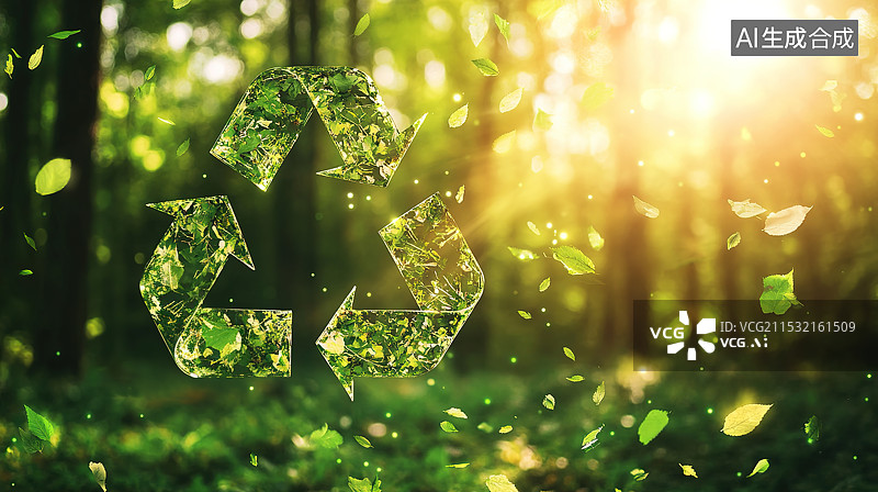 【AI数字艺术】森林阳光中的可循环利用图标和绿色环保主题概念图片素材