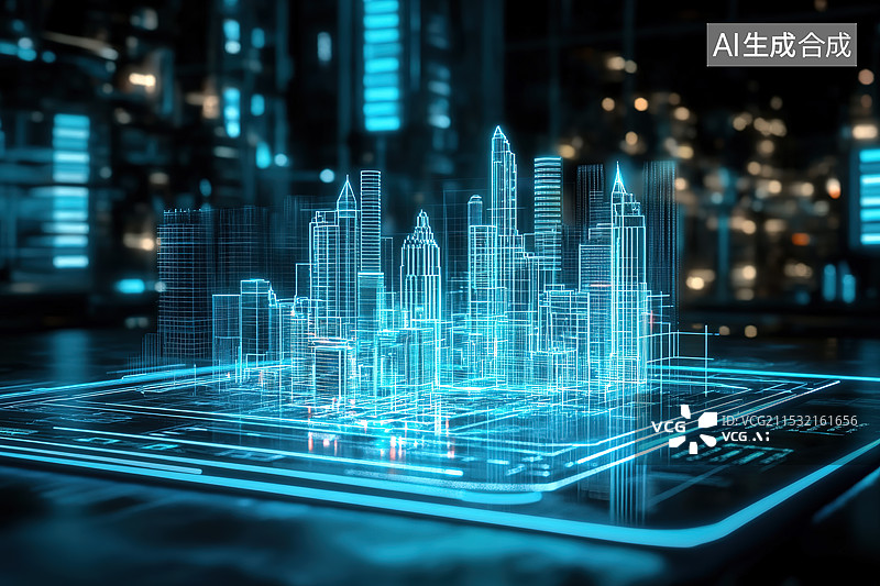 【AI数字艺术】AR设备展示城市高楼建筑全息图科技风插画图片素材